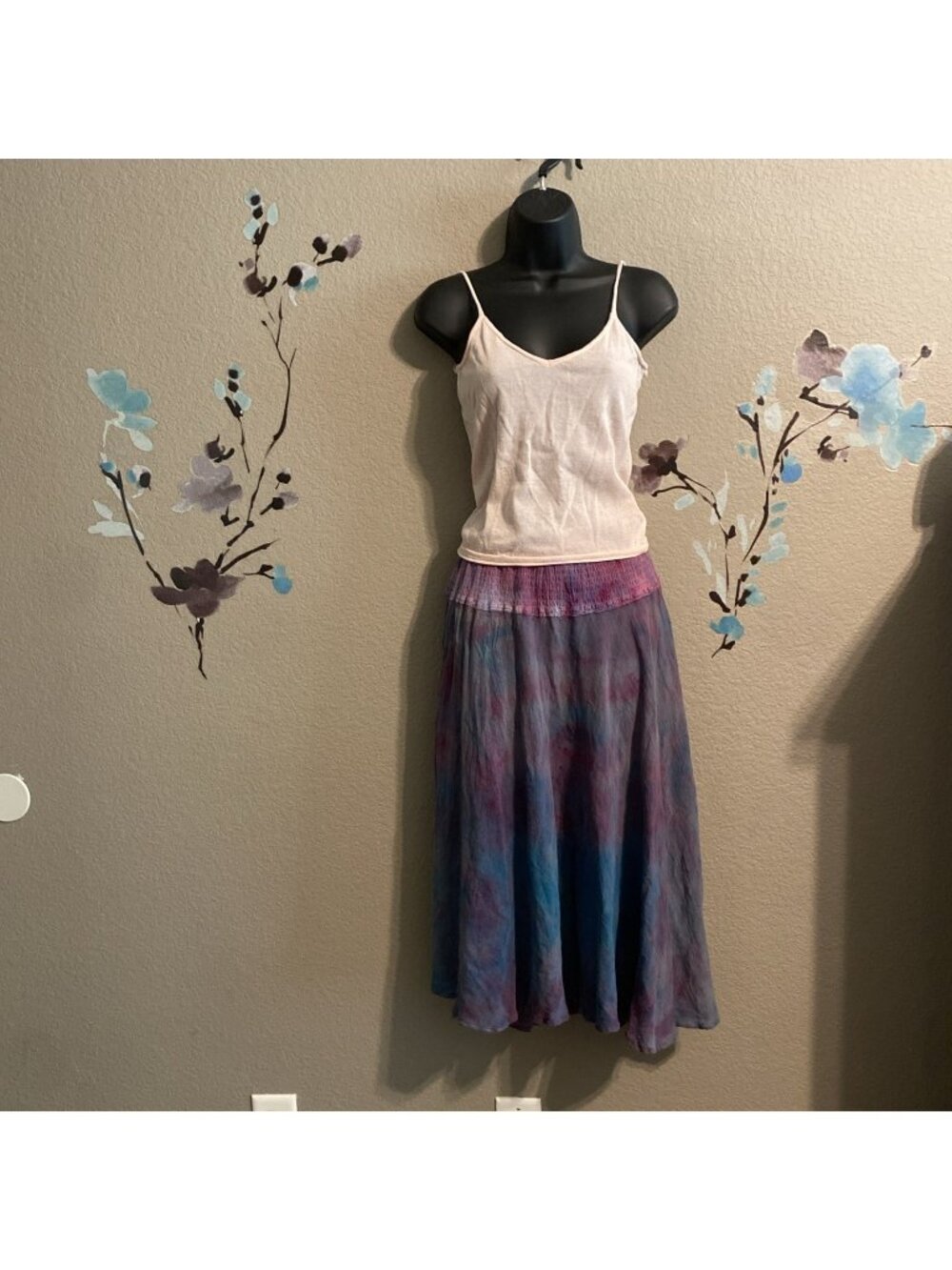 Smocked Waist Tye Dye Skirt S Blue Pink Boho Gauzy